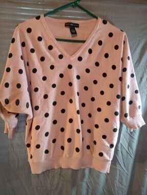 Joan Vass Polka Dot V-Neck Sweater Top - Pink with Black Dots